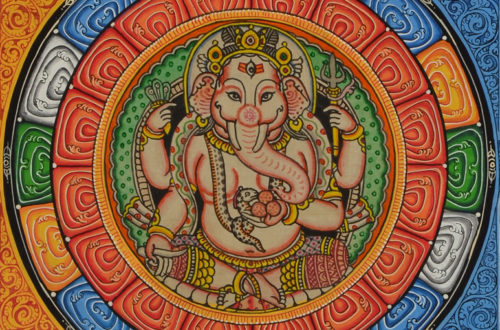 Handgemalter Thankga mit Ganesha Gottheit in der Mitte.