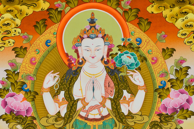 Hochwertiger Thangka Chenrezig Handgemalt Ausschnitt