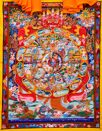 Thangka Wheel of Life roter Hintergrund