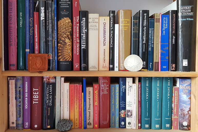 Bücherregal mit Büchern zum Thema Buddhismus, Hinduismus und Tibet